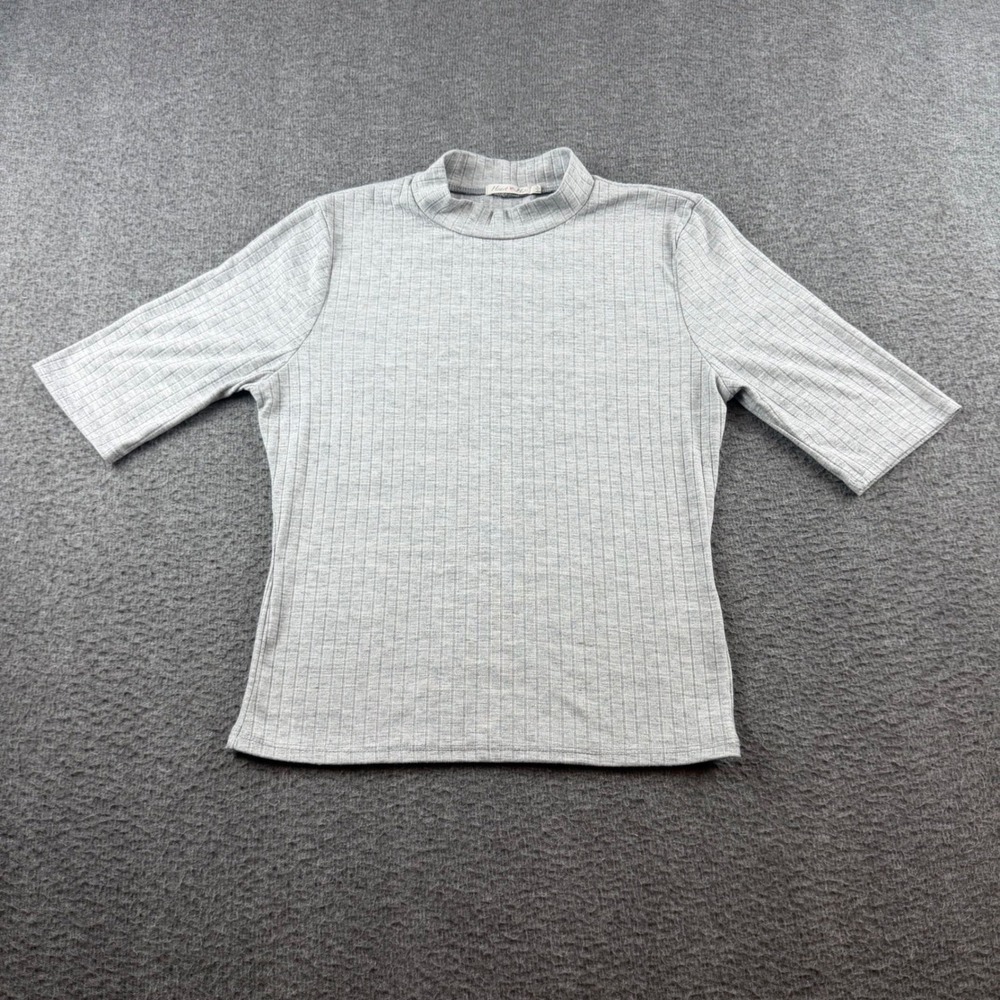 Heart Hips Mock Neck Top Women's L Grey Ribbed Elbow Sleeve RT46969QA